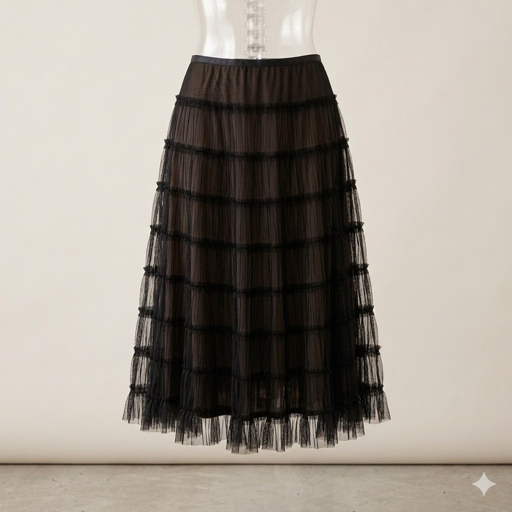WDNY Black Tiered Tulle Ruffle Skirt 14 Large Y2K Whimsigoth Fairy Goth Coquette